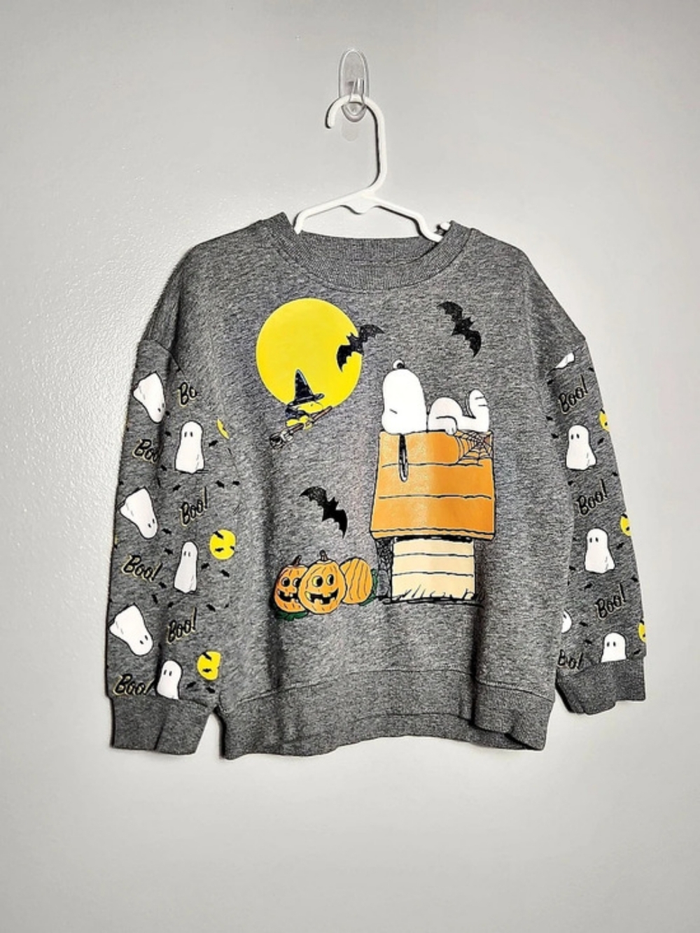 Peanuts Snoopy Halloween Woodstock Doghouse Ghost Fleece Sweatshirt Gray Size 5Y